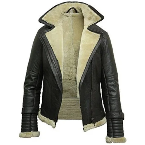 Women's Aviator Sheepskin Shearling Bomber Fur Jacket
