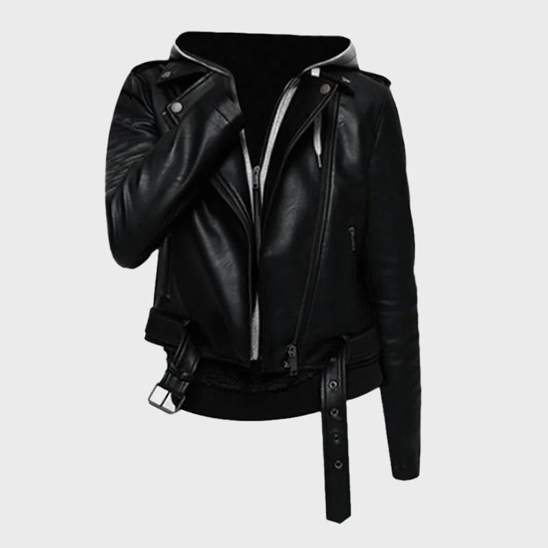 Women's Black Biker Hooded Leather Jacket