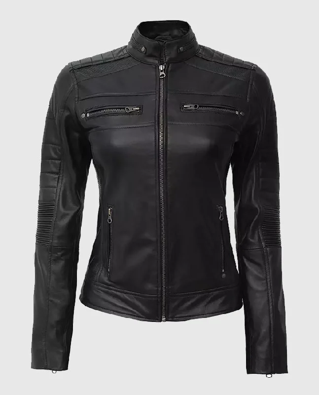 Women's Black Cafe Racer Leather Jacket