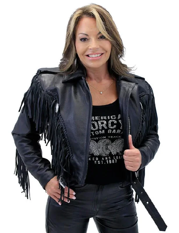 Womens Black Cropped Leather Jacket with Fringe