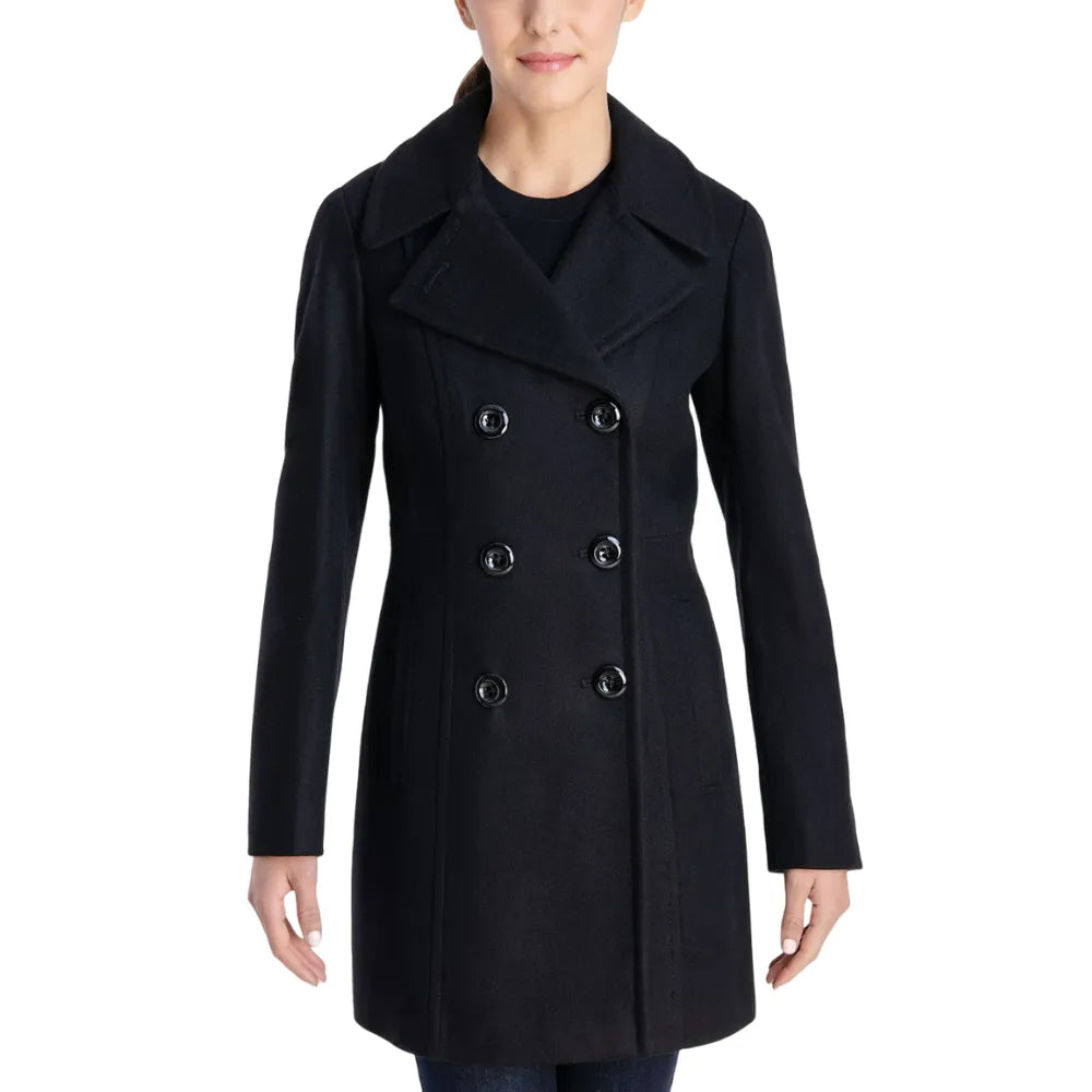 Womens Black Double Breasted Wool Coat