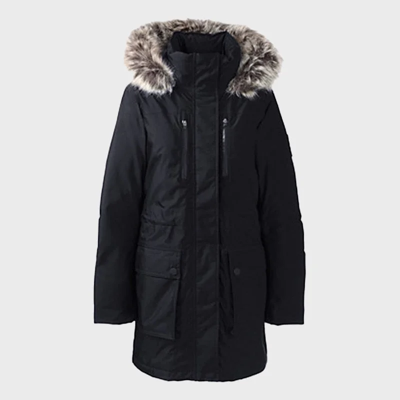 Women's Black Polyester Expedition Coat with Fur Hood