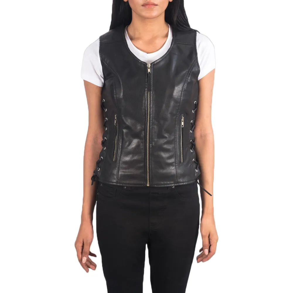Womens Black Leather Biker Vest