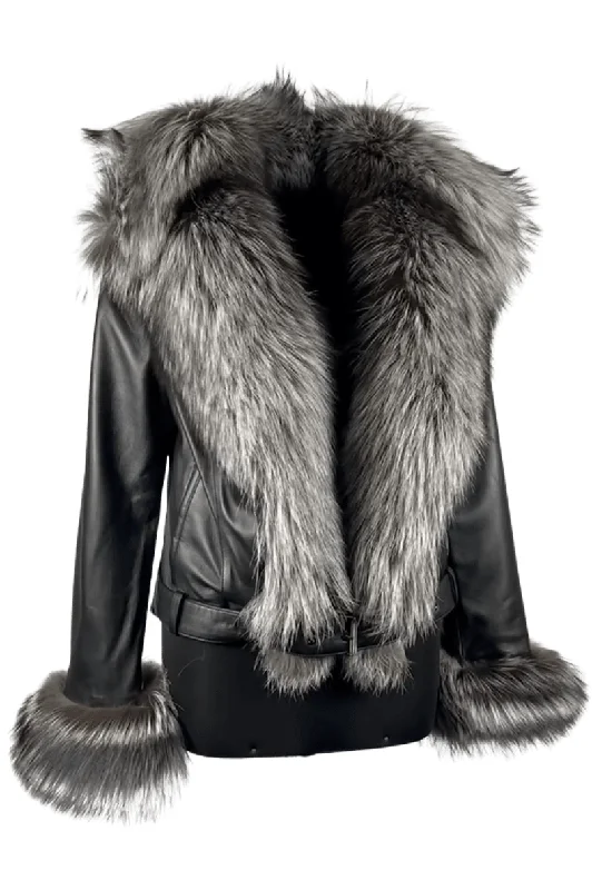 Women's Black  Leather Coat with Silver Fox Trim Style # 1001