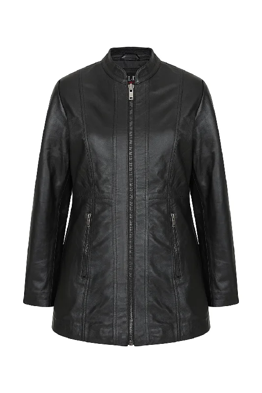 Women's Black Leather Hip-Length Jacket - Judith