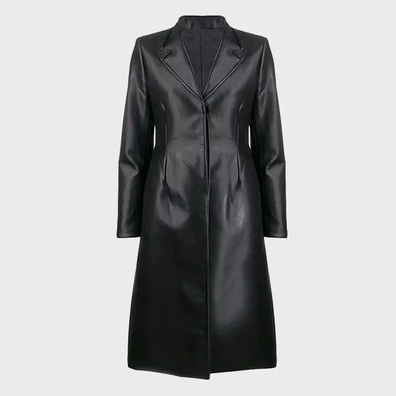 Women's Black Leather Long Trench Coat