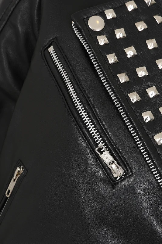 Women's Black Leather "Rock Chic" Jacket with Red Lining - Tatiana 1