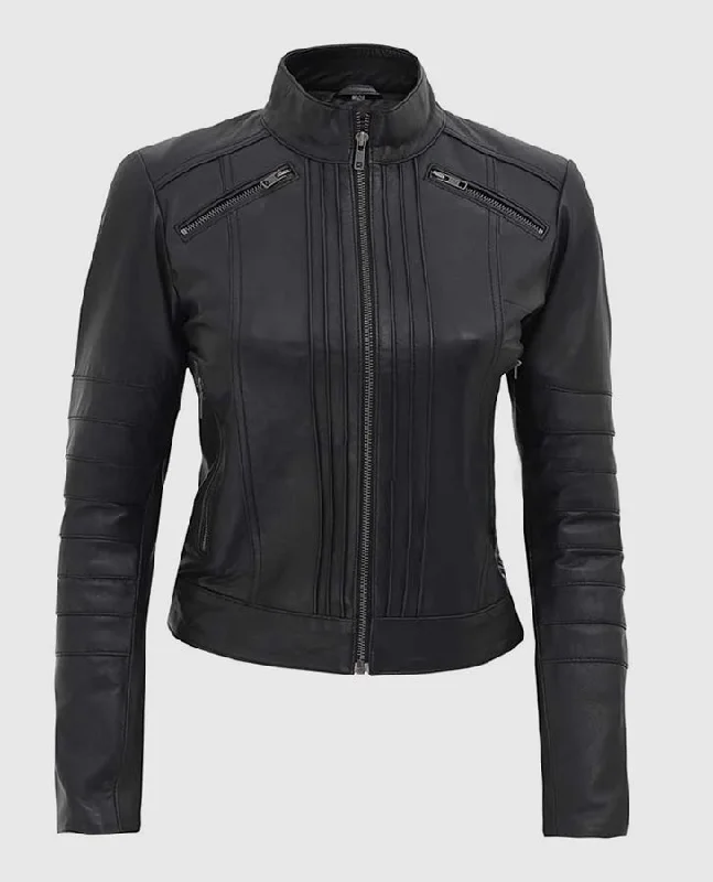 Women's Black Leather Cafe Racer Jacket with Decorated Seams