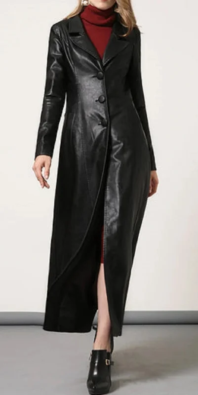 Women's Black Real Leather Trench Long Overcoat