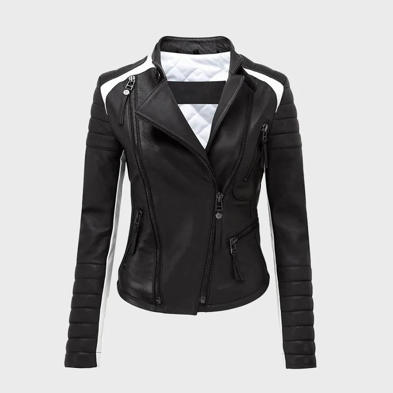 Women's Black & White Sheepskin Biker Leather Jacket