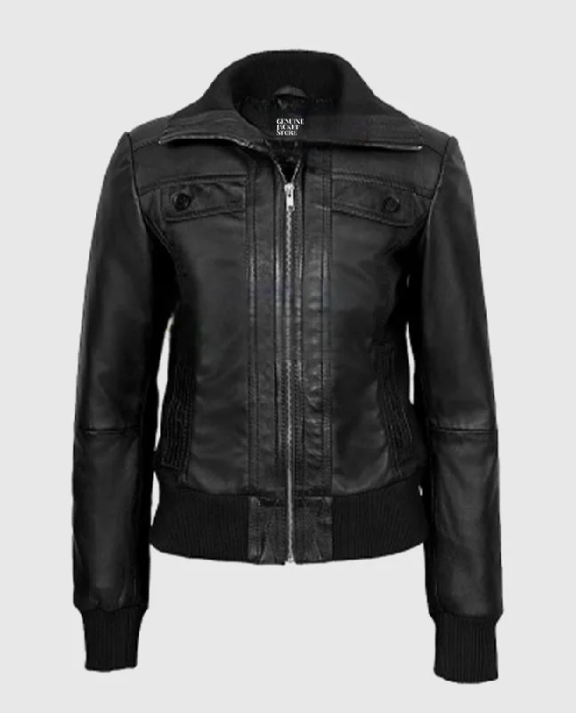 Women's Bomber Black Leather Jacket