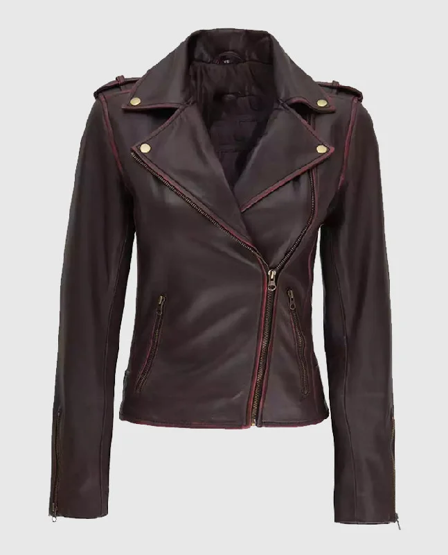 Women's Brown Asymmetrical Leather Motorcycle Jacket