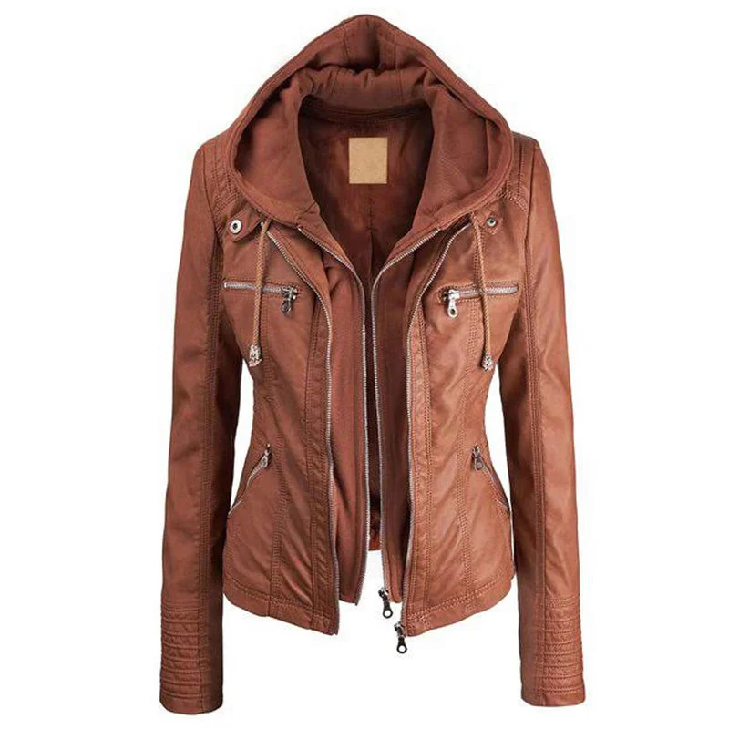 Women’s Brown Faux Leather Zip Up Jacket with Hood