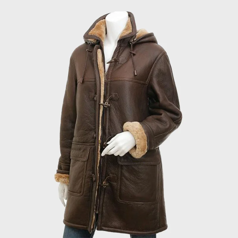 Women's Brown Sheepskin Duffle Coat With Hood