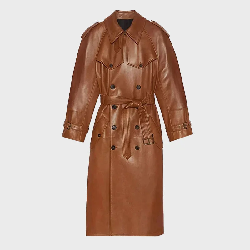 Women's Double Breasted Long Leather Coat