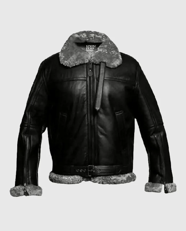 Women's Fur Aviator Flying Pilot Bomber Black Jacket