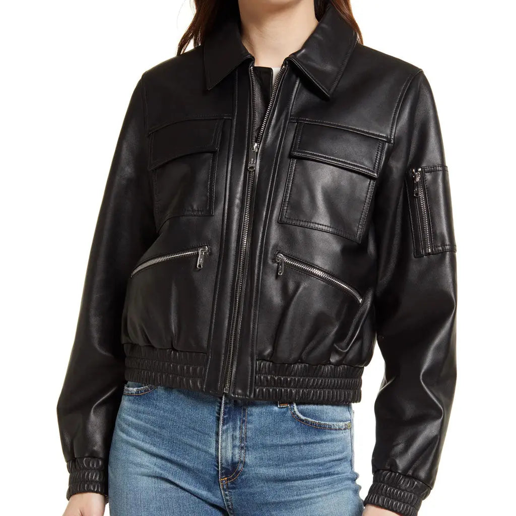 Women's Genuine Leather Bomber Jacket Black