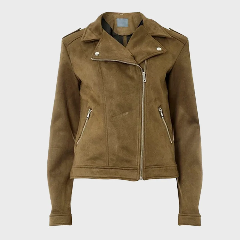 Women's Khaki Suede Biker Jacket