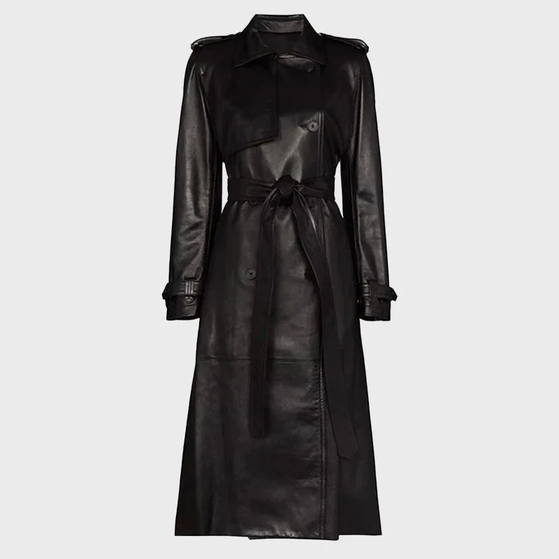 Women's Black Leather Long Coat