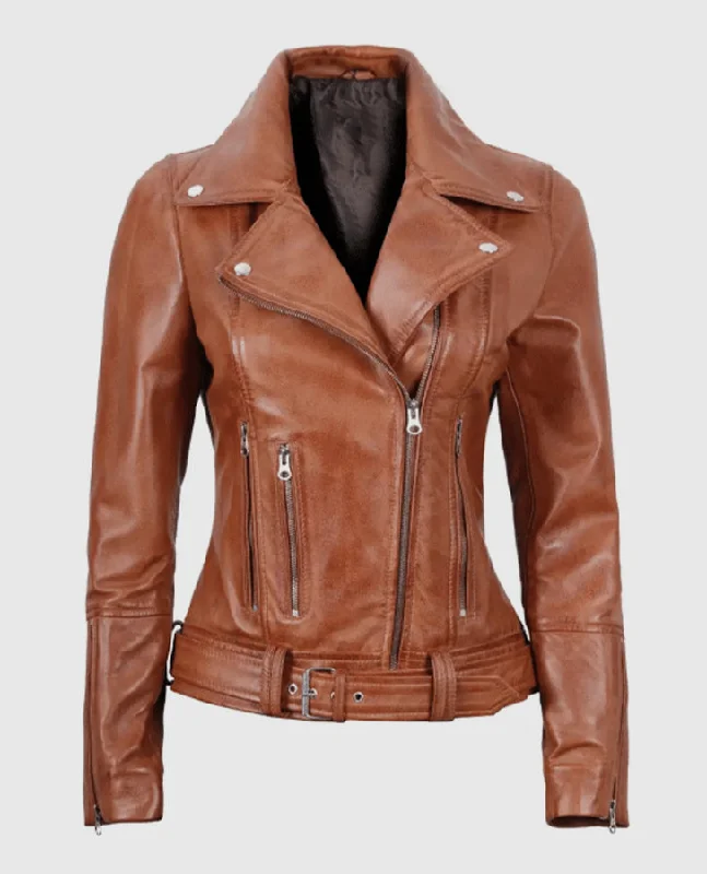 Women's Light Brown Asymmetrical Leather Biker Jacket - Belted