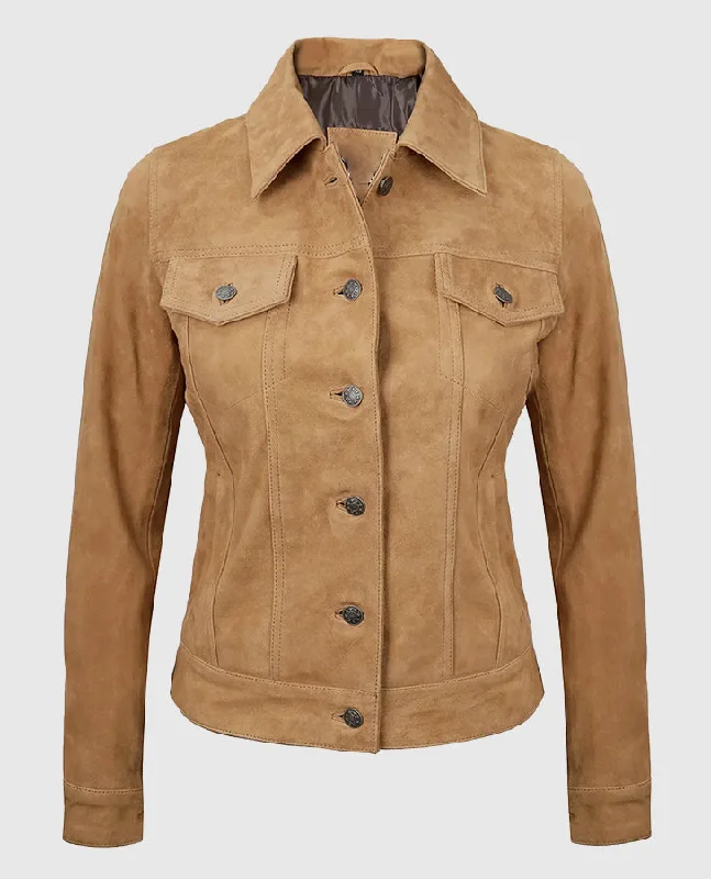 Women's Light Brown Suede Leather Trucker Jacket