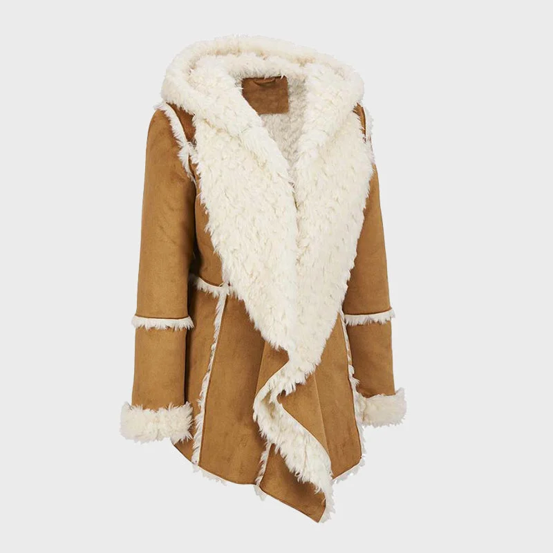 Women's Brown Suede Fur Overcoat With Hood