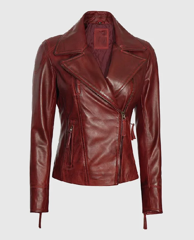 Women's Maroon Asymmetrical Biker Leather Jacket