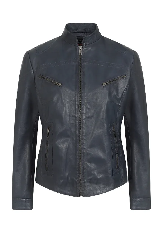 Women's Navy 'Sky' Blue Leather Biker Jacket with Plenty of Style and Nicely Fitted - 'CHLOE' Women's Navy 'Sky' Blue Leather Biker Jacket with Plenty of Style and Nicely Fitted - 'CHLOE'