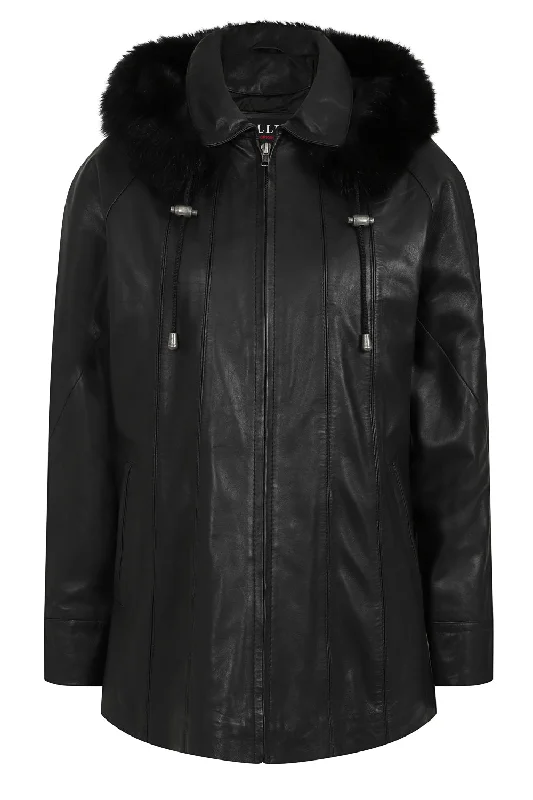 Women's Quality Black Leather Hip Length Coat with Fur Trimmed Detachable Hood - 'CARLA' Women's Quality Black Leather Hip Length Coat with Fur Trimmed Detachable Hood - 'CARLA'