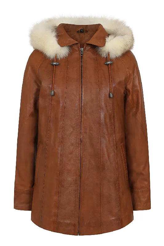 Women's Quality Tan Leather Hip Length Coat with Fur Trimmed Detachable Hood - 'CARLA' Women's Quality Tan Leather Hip Length Coat with Fur Trimmed Detachable Hood - 'CARLA'