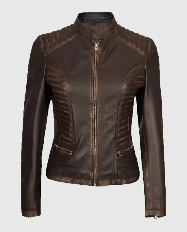 Women's Rachel Dark Brown Rub-off Cafe Racer Leather Jacket