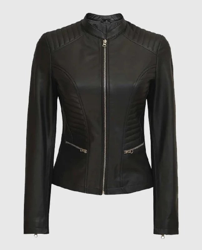 Women's Rachel Petite Black Cafe Racer Leather Jacket