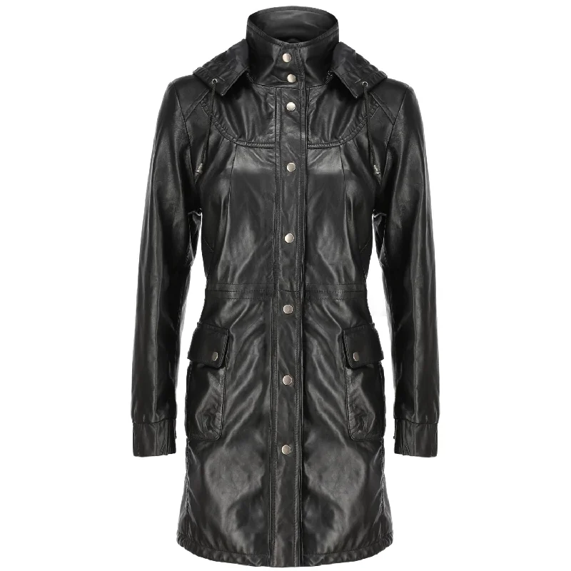 Women's Real Black Leather Trench Coat with Removable Hood