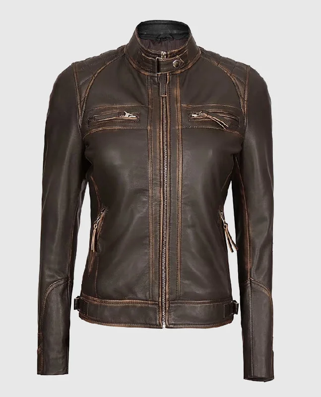 Women's Rub Off Dark Brown Quilted Leather Cafe Racer Jacket