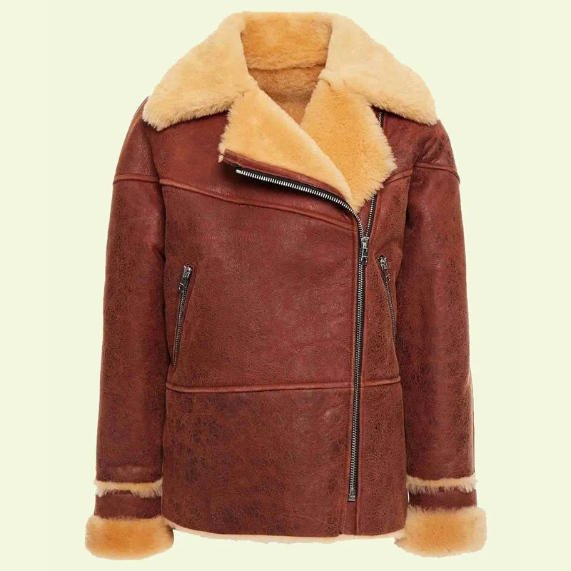 Women's Shearling Distressed Brown Leather Jacket
