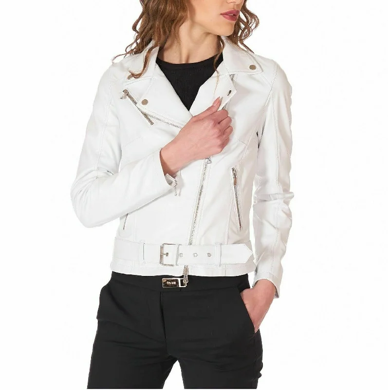 Women's Slim Fit Lambskin Biker Belted White Leather Jacket