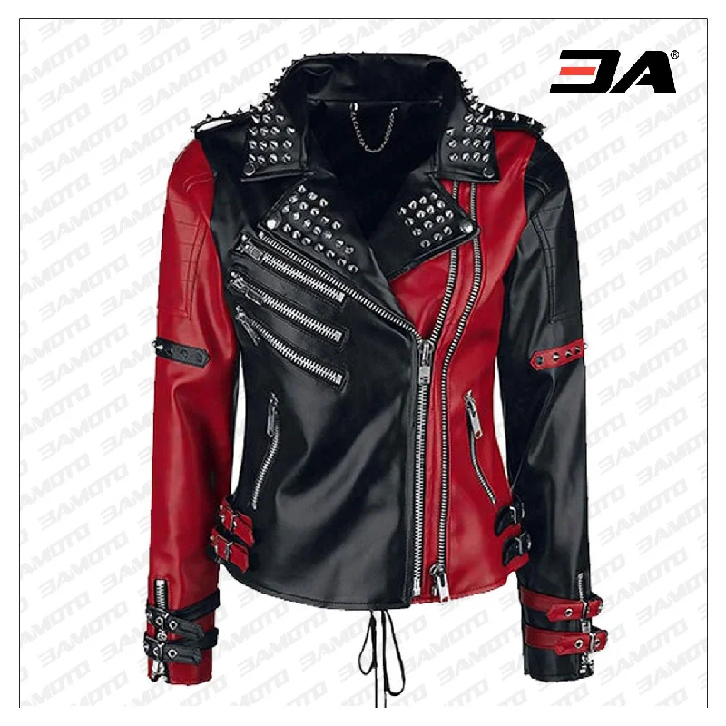 Womens Studded Leather Jacket - Handmade Punk Black & Red Studded Style Biker Silver Studs Spiked Jacket