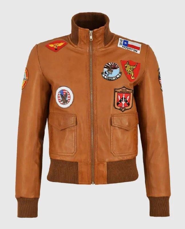 Women's Top Gun Brown Bomber Jacket With Badges
