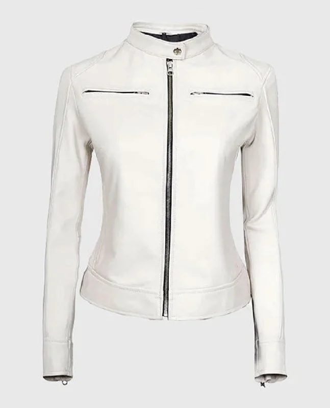 Women's White Leather Cafe Racer Jacket