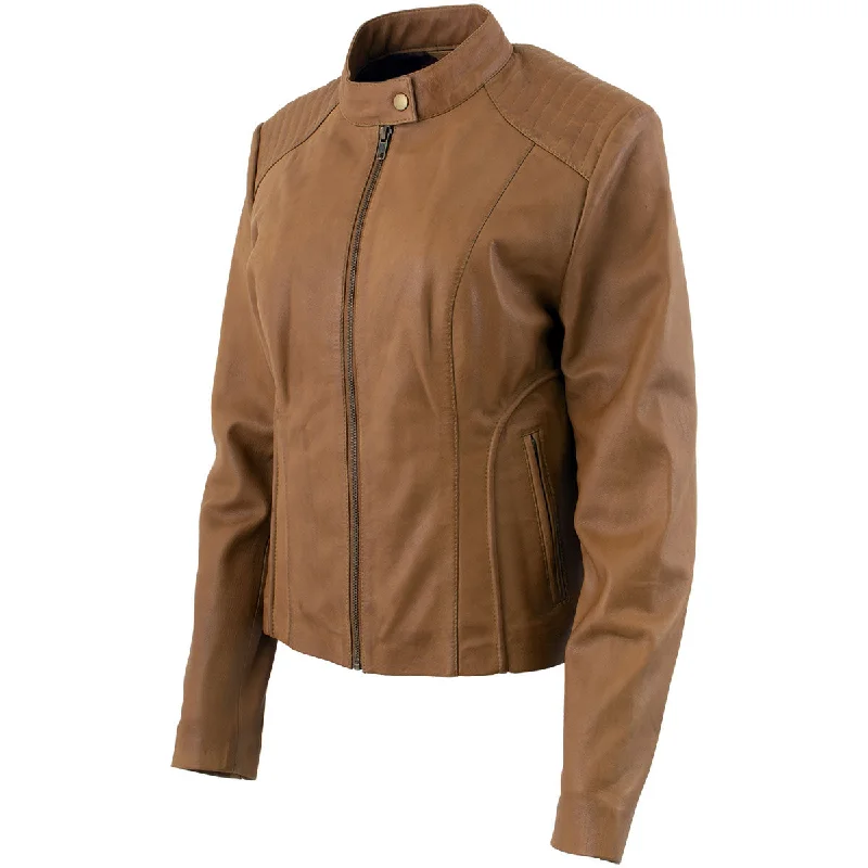 Xelement B91058 Women's ‘Keeper’Cognac Leather Scuba Style Biker Jacket with Snap Mandarin Collar Xelement B91058 Women's ‘Keeper’Cognac Leather Scuba Style Biker Jacket with Snap Mandarin Collar