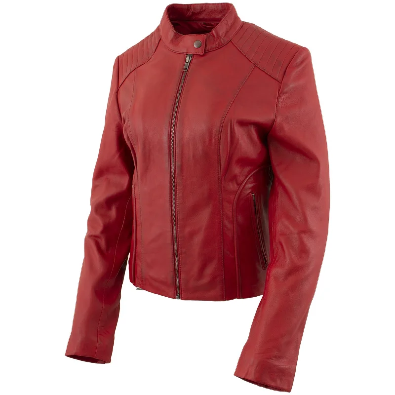 Xelement B91066 Women's ‘Keeper’ Red Leather Scuba Style Biker Jacket with Snap Mandarin Collar Xelement B91066 Women's ‘Keeper’ Red Leather Scuba Style Biker Jacket with Snap Mandarin Collar