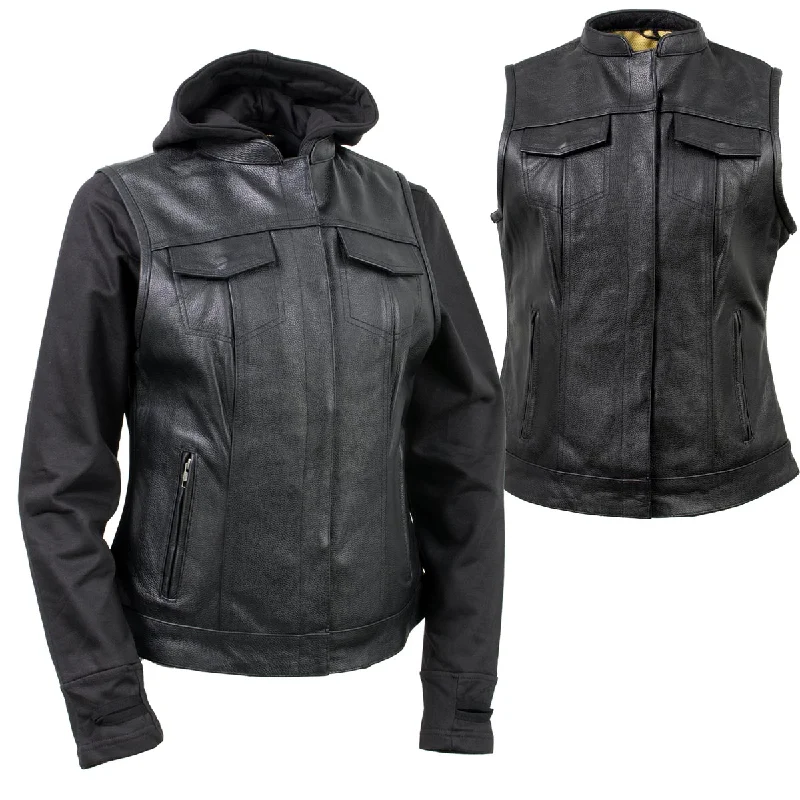 Xelement Gold XS24007 Women's 'Tara' Black Leather Motorcycle Rider 2 in 1 Hoodie Jacket with Convertible Vest Xelement Gold XS24007 Women's 'Tara' Black Leather Motorcycle Rider 2 in 1 Hoodie Jacket with Convertible Vest