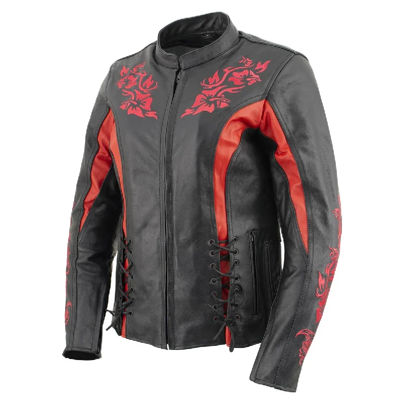 Xelement XS2029 Women's 'Gemma' Biker Black with Red Leather Embroidered Jacket with X-Armor Xelement XS2029 Women's 'Gemma' Biker Black with Red Leather Embroidered Jacket with X-Armor